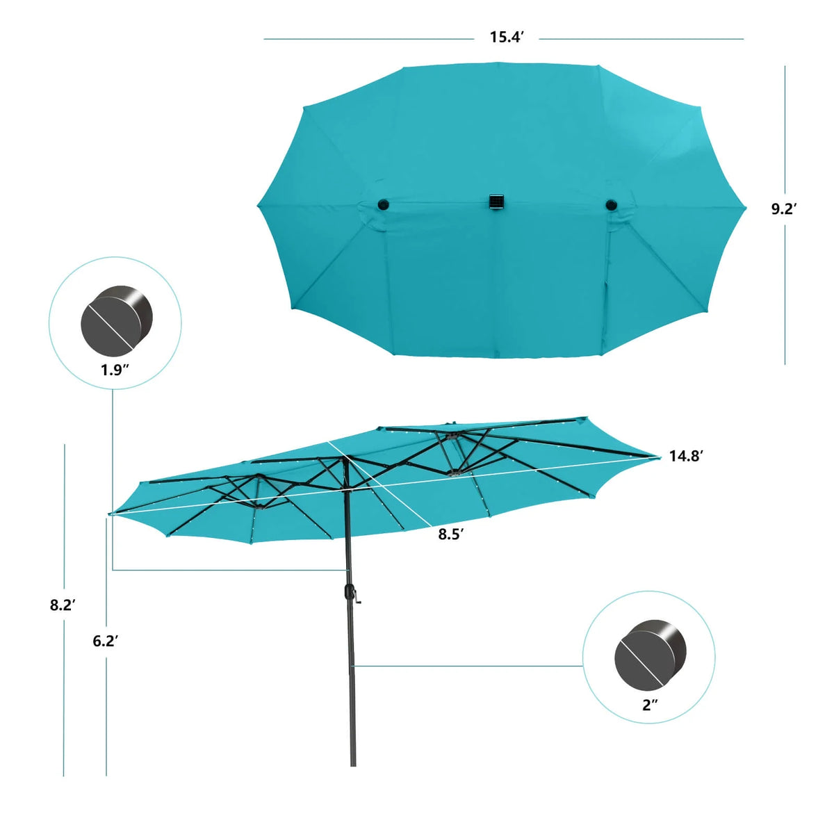 Costway 15FT Twin Patio Double-Sided Umbrella 48 Solar LED Lights Crank Outdoor Beige