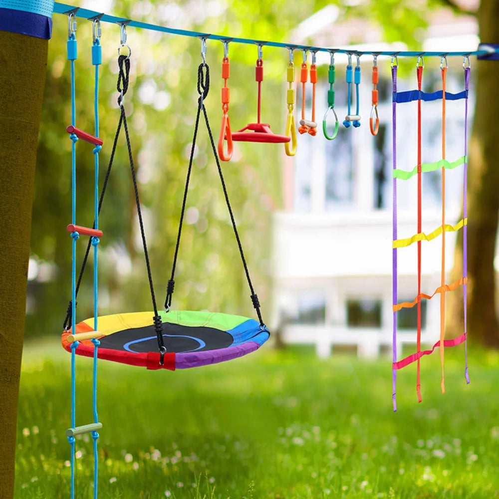 KloKick 50ft Ninja Warrior Obstacle Course with Slackline Monkey Bars and Saucer Swing