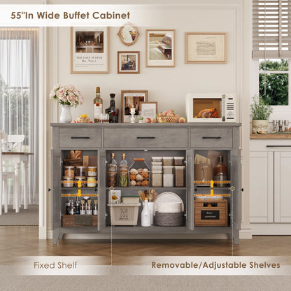 Hiphuta 55"Wide Buffet Cabinet with 2 Adjustable Shelves, Modern Farmhouse Coffee Bar with 3 Drawers and Sturdy Base for Living Room, White
