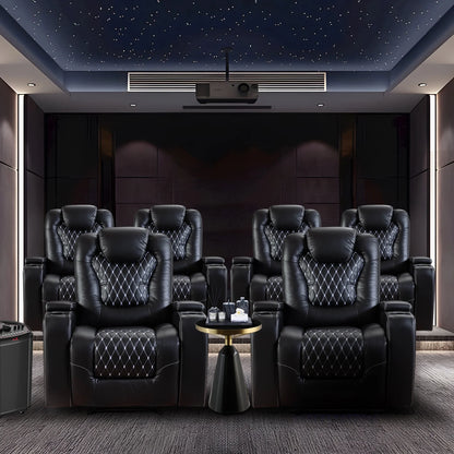 Bonzy Home Overstuffed Electric Home Theater Seating PU Leather Reclining Furniture with with USB Ports and Cup Holders and Hidden Arm Storage - Black