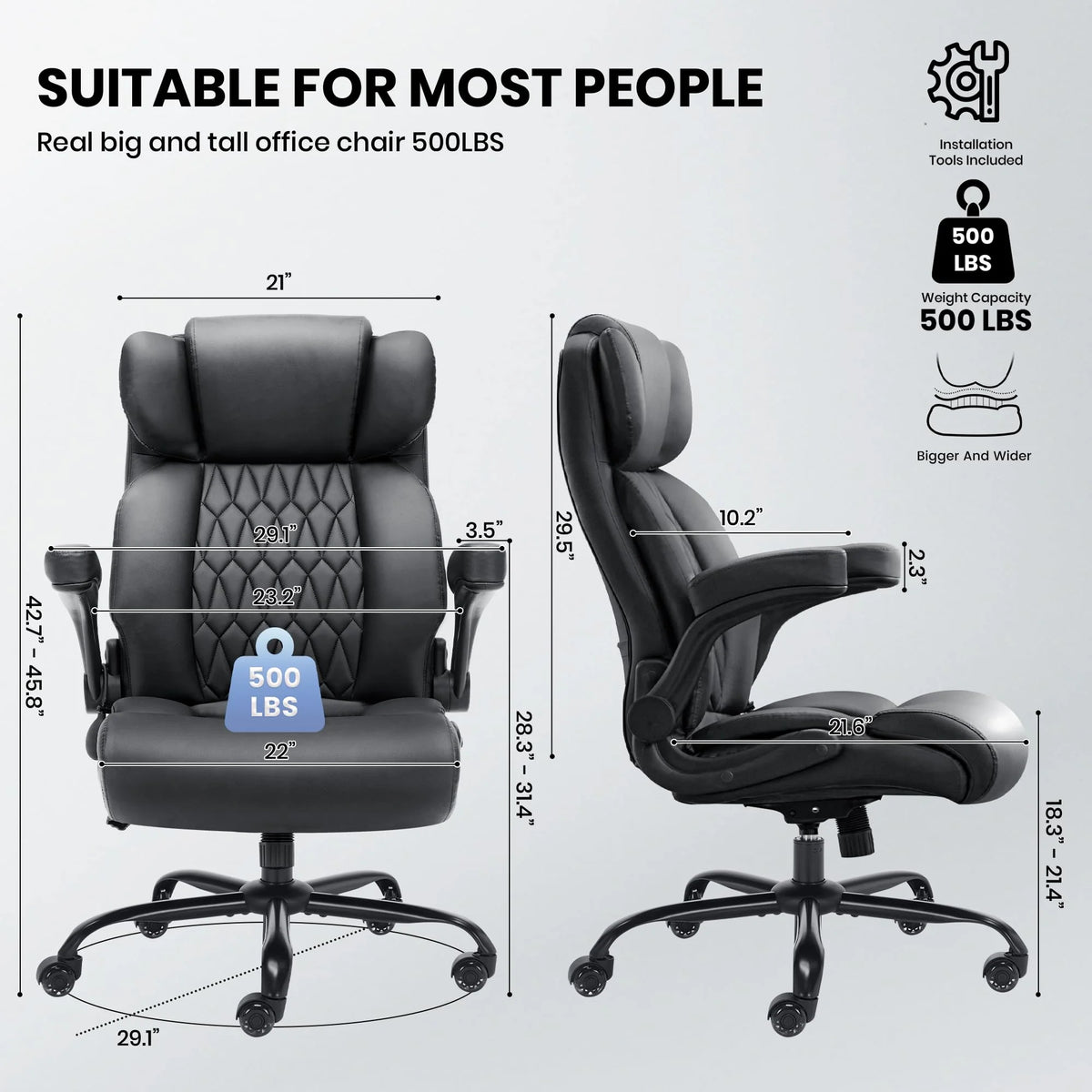 HomeZeer Executive Office Chair, Big and Tall Home Office Chairs 400lbs, High Back Executive Office Chair with Adjustable Flip up Arm, Wide Seat Leather Desk Computer Chairs, Black
