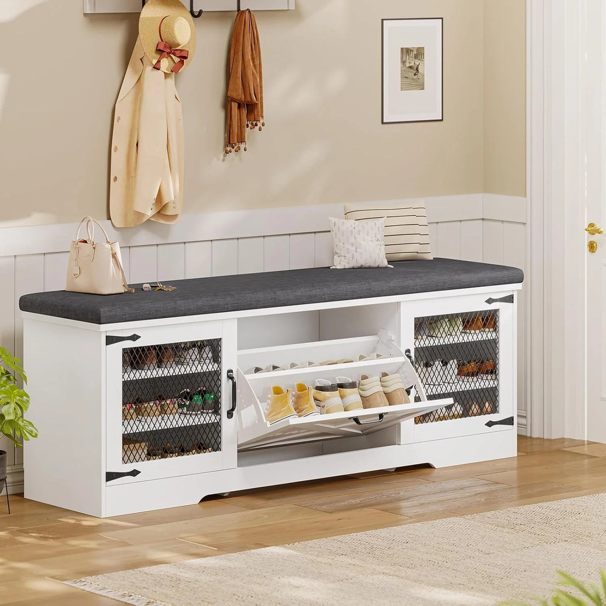 Farmhouse Storage Bench with Cushion, 31.4in Shoe Cabinet with Metal Barn Door and Half Hidden Storage Space for Entryway, Bedroom, Living Room, Old White