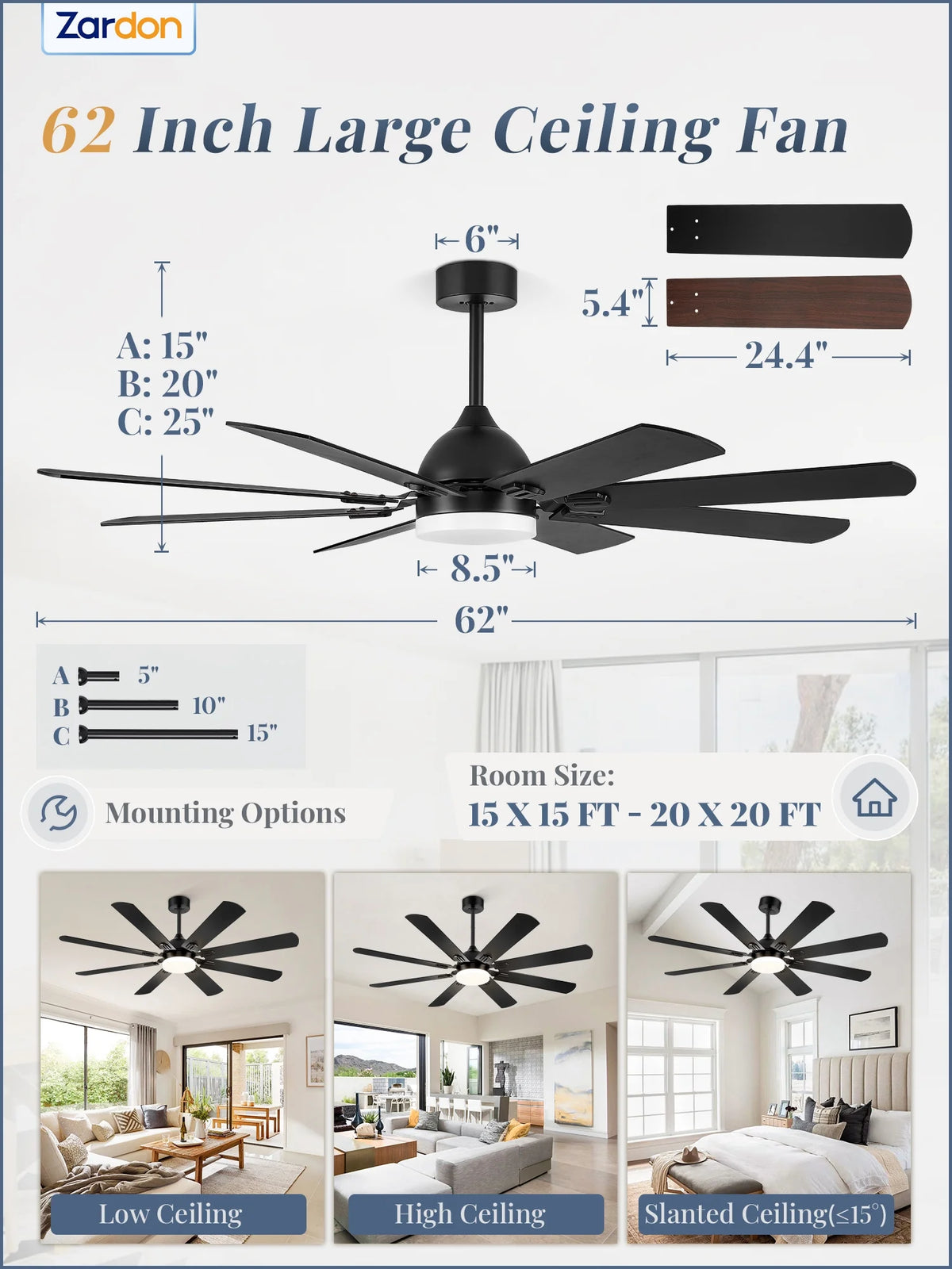 Zardon 62" Black Modern Ceiling Fan with Light and Remote Control, Reversible Quiet DC Motor, Bright LED Light, 6-Speed, Timer for Bedroom, Living Room