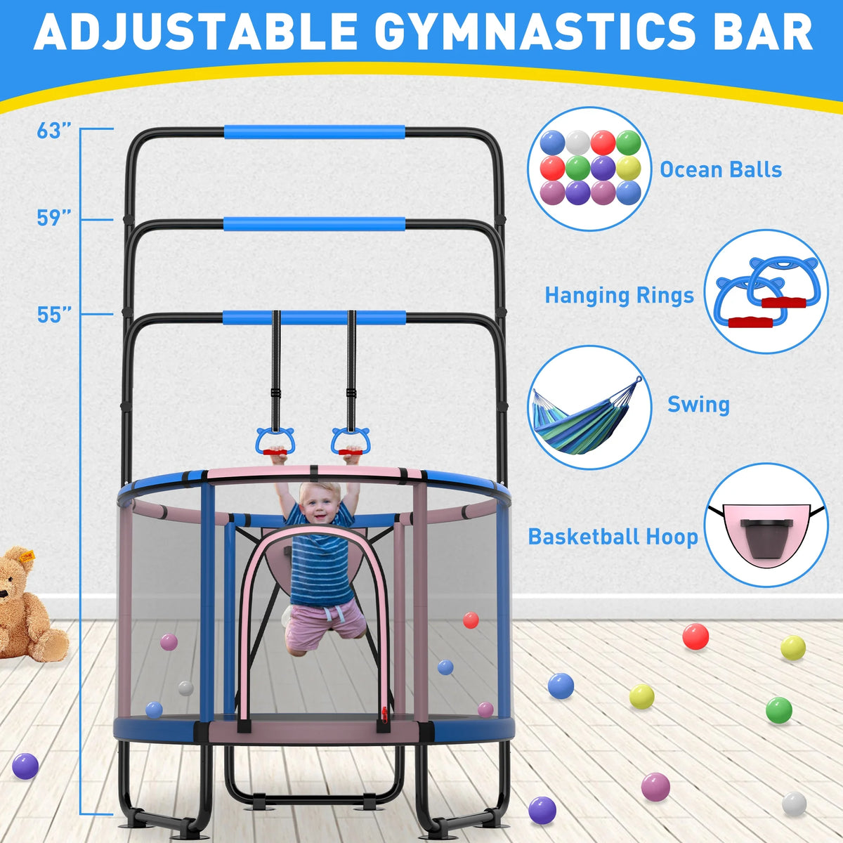 CITYLE Trampoline for Kids 600LBS 60'' 5FT Toddler Trampoline Indoor Outdoor with Basketball Hoop, Swing, Adjustable Bar, Mini Small Trampoline with Enclosure, Gifts for Toddlers, Boys & Girls