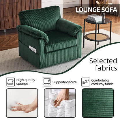 FFH 33" Oversized Swivel Accent Chair,Armchair with Side Pocket,Upholstered Corduroy Lounge Chaise Chair,Barrel Chairs,Comfy Single Sofa Chair for Living Room Reading Bedroom Office,Black