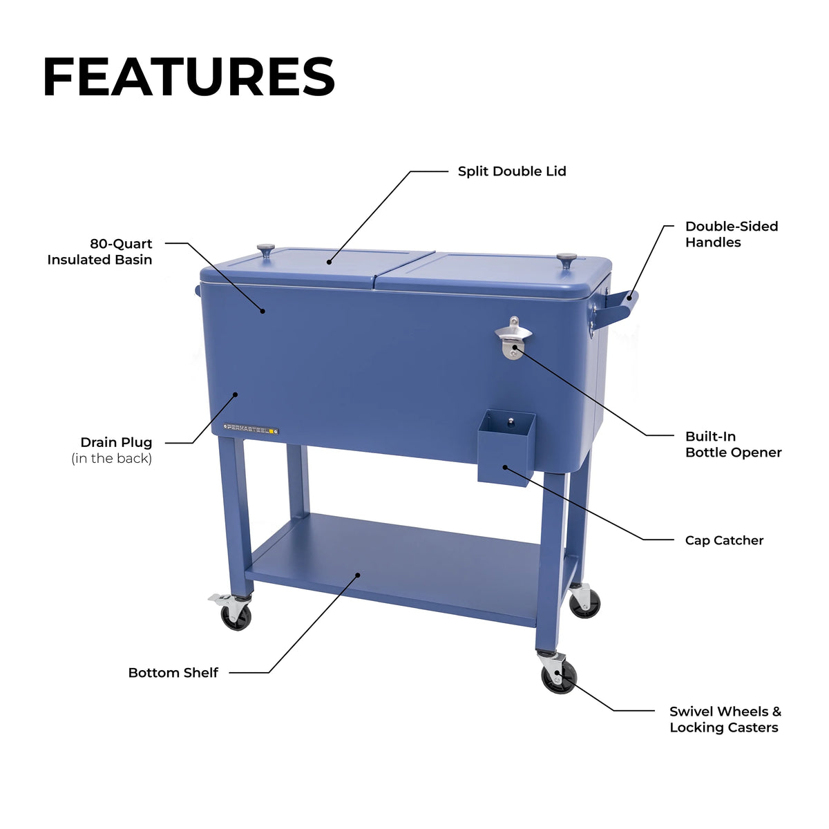 Permasteel 80-Qt Outdoor Steel Patio Cooler with Removable Basin, Rolling Cooler with Wheels, Teal Green