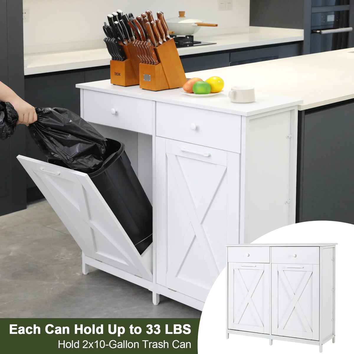 Pirecart 20 Gallon Double Tilt Out Trash Cabinet Wood Hidden Storage Cabinet, Recycling Cabinet with 2 Drawers, Black