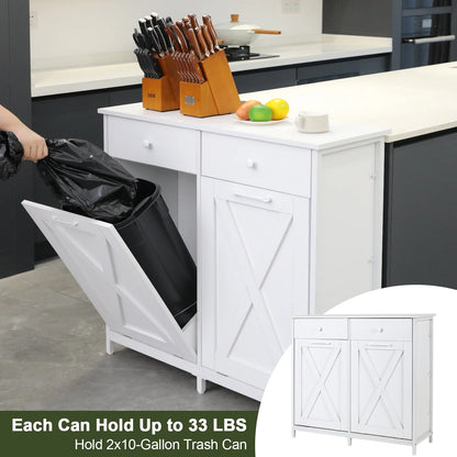 Pirecart 20 Gallon Double Tilt Out Trash Cabinet Wood Hidden Storage Cabinet, Recycling Cabinet with 2 Drawers, Black