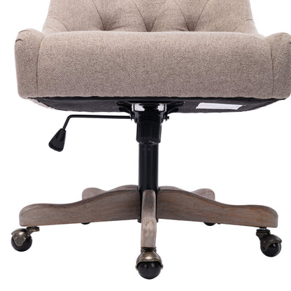 360 Degree Swivel Office Desk Chair, Upholstered Leisure Vanity Chair with Solid Wood Base and Wheels, Adjustable Height Computer Chair for Bedroom Living Room, Brown