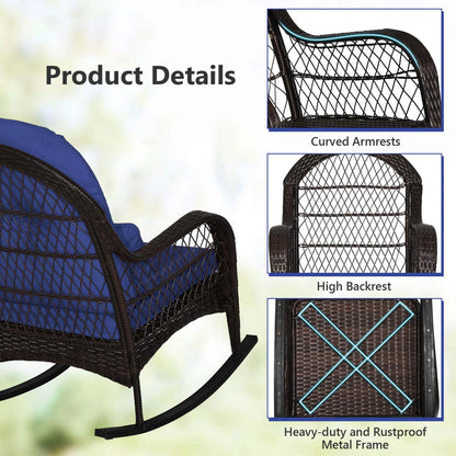Costway Patio Wicker Rocking Chair W/Seat Back Cushions & Lumbar Pillow Porch Off White