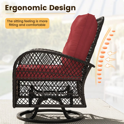 ELPOSUN 3 Pieces Patio Furniture Set, Outdoor Swivel Gliders Rocker, Wicker Patio Bistro Set with Rattan Rocking Chair, Glass Top Side Table and Thickened Cushions for Porch Deck Backyard