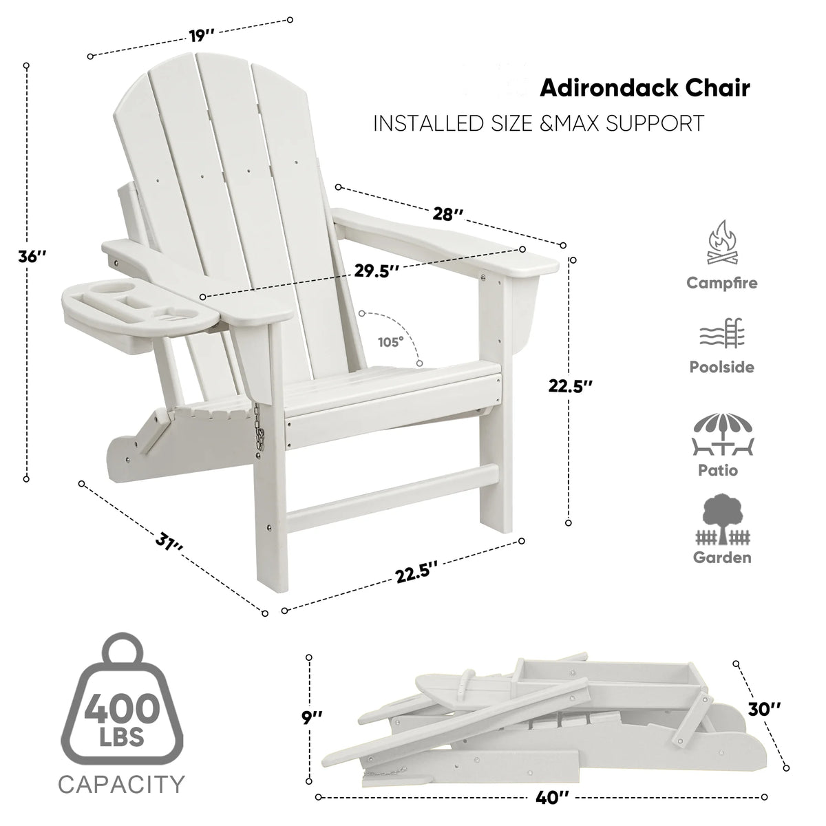 FOOWIN HDPE Plastic Adirondack Chairs Set of 4, Black