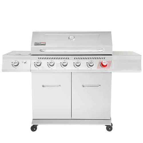 Gourmet GA6402S Stainless Steel Gas Grill, Premier 6-Burner BBQ Grill with Sear Burner and Side Burner, 74,000 BTU, Cabinet Style, Outdoor Party Grill, Silver