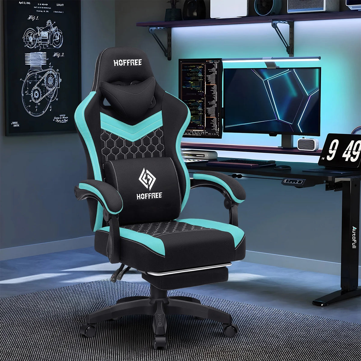 Hoffree Gaming Chair with Massage Fabric Office Chair with footrest for Adults, Ergonomic Gamer Chair with Headrest and Lumbar Support for Office Gaming, 440 LBS