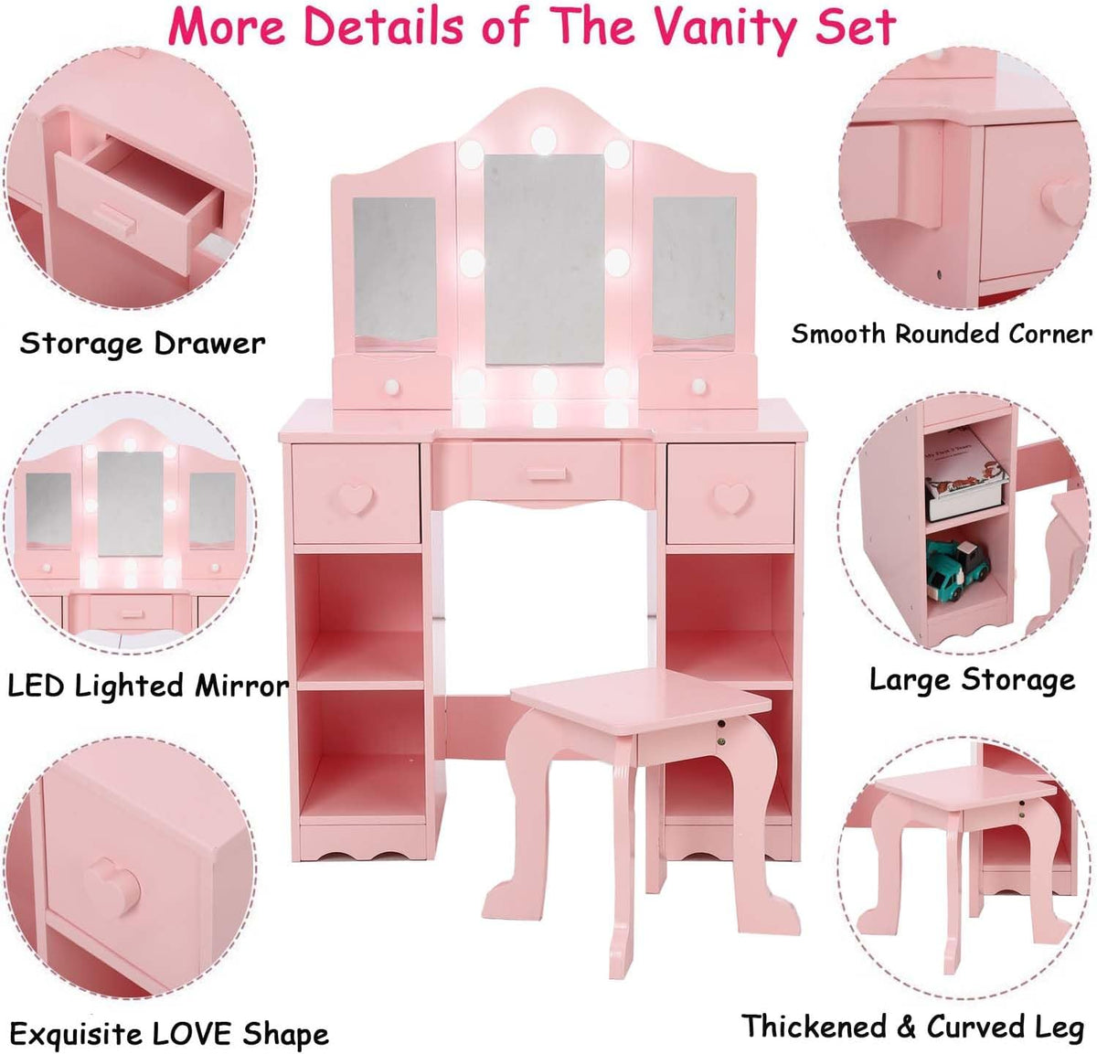 Zzistar Kids Vanity Table Set with Light, Tri-Folding Mirror, 5 Drawers and Square Stool, Wood Makeup Desk Dressing Table with Open Storage Shelves and Detachable Top