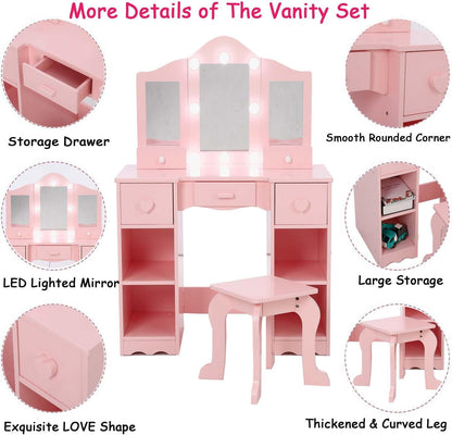 Zzistar Kids Vanity Table Set with Light, Tri-Folding Mirror, 5 Drawers and Square Stool, Wood Makeup Desk Dressing Table with Open Storage Shelves and Detachable Top