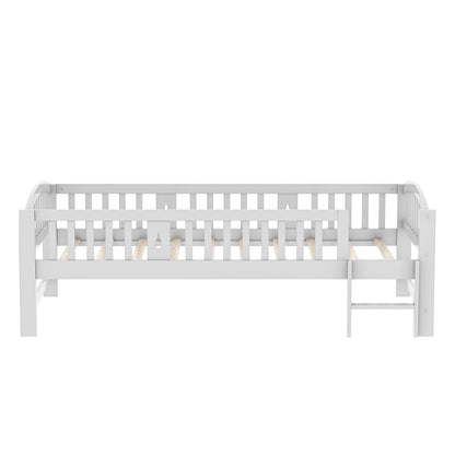 SESSLIFE Twin Size Platform Bed, Solid Wood Twin Bed Frame with Slats, Fence Guardrail Ladder, Twin Floor Bed with Strong Legs for Boys Girls, No Box Spring Needed, Holds 400 lbs, White
