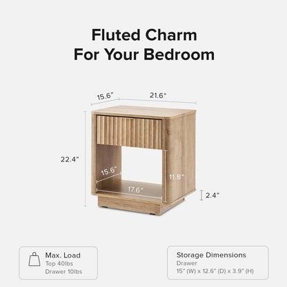 Mopio Brooklyn Oak Nightstand, Modern Farmhouse Side Table with Drawer and Storage, Fluted Panel, Curved Profile, Rose Gold Handle