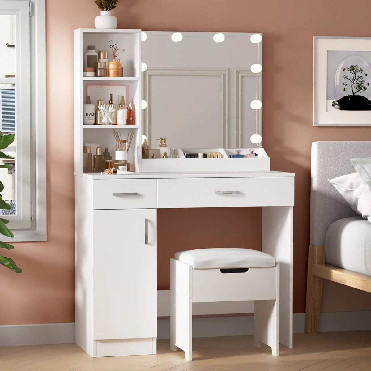 Veanerwood Makeup Vanity Table with 10 Led Lights, Lighted Mirror Vanity Desk, Modern Bedroom Dressing Vanity, White Finish