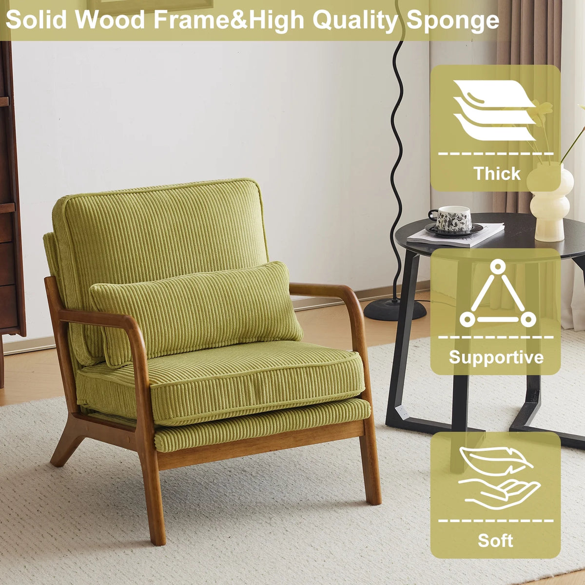 Ktaxon Accent Chair Corduroy Upholstered Armchair, Reading Club Chair with Pillow and Solid Wood Frame for Living Room Bedroom Furniture Off White