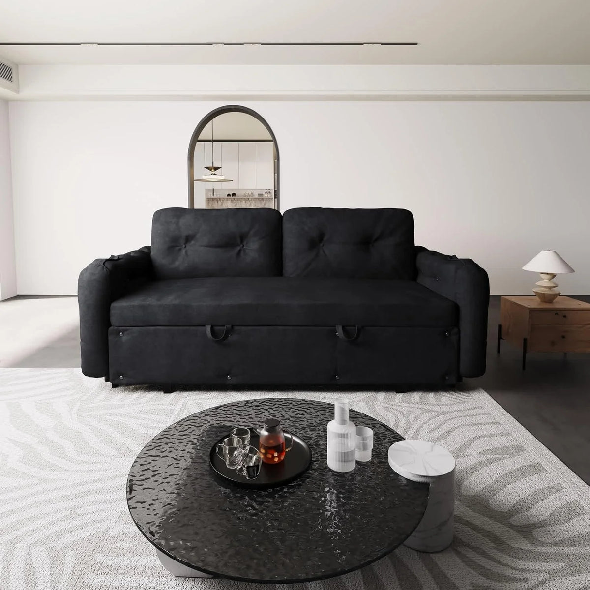 Tabaray 63.8" Futon Sofa Bed Queen Size, Pull Out Bed, 3-in-1 Convertible Sleeper Sofa with Side Pocket, Modern Plush Velvet Futon Couch for Living Room, Small Space, Apartment, Bedroom, Black