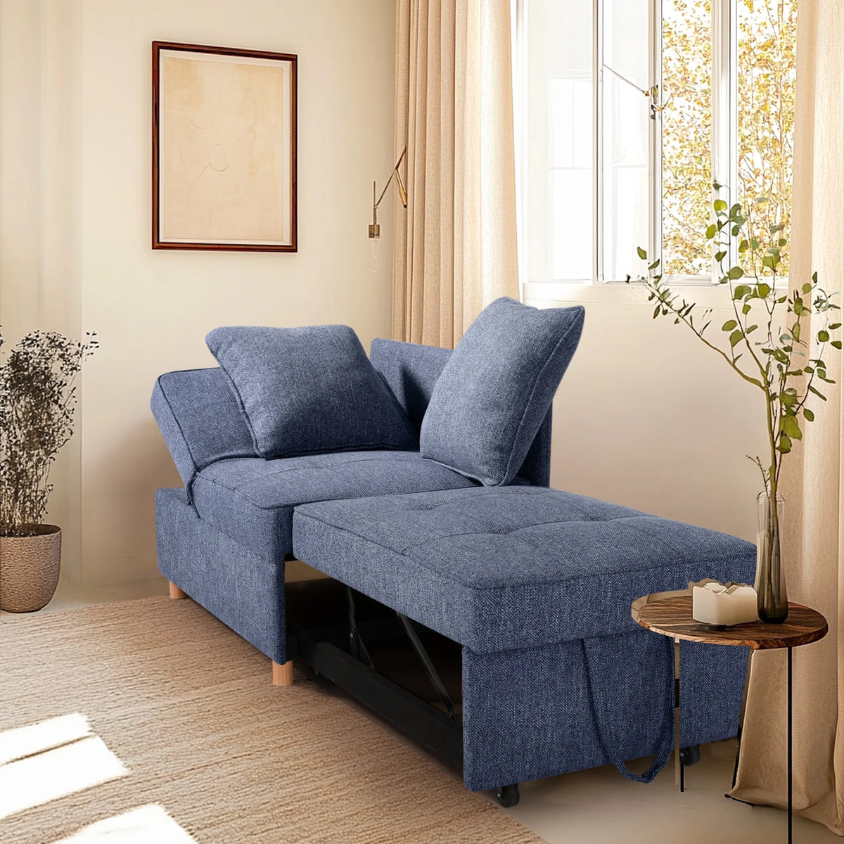 SEJOV 4-in-1 Convertible Sleeper Chair Bed, Linen Sofa Bed for Small Space, Futon Sofa with 2 Throw Pillows for Living Room, Single Recliner with 5 Adjustable Backrest for Bedroom Apartment, Brown