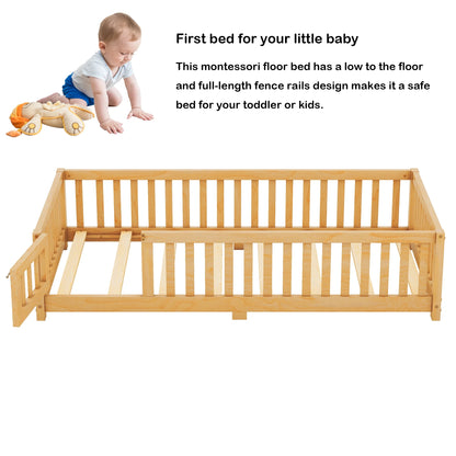 Bellemave Full Size Floor Bed with Door and Fence Floor Bed with Bed Slats Sturdy Wood Floor Bed Montessori Bed Frame (Full, Pink)