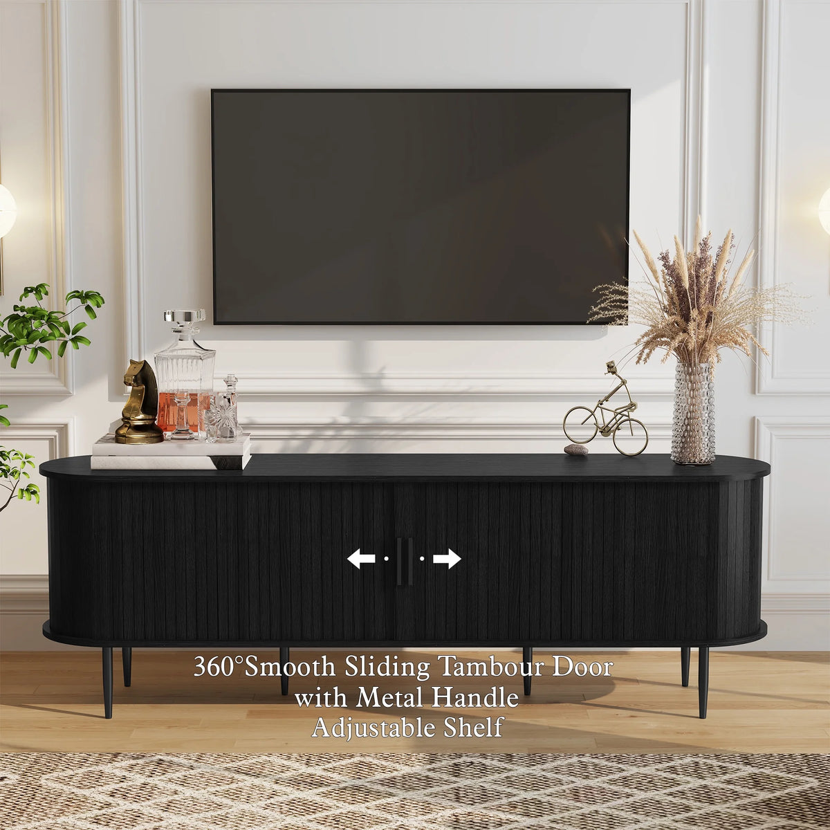 HLR 70" Mid Century TV Stand With Tambour Door For TVs Up To 80", Entertainment Center With Storage, Brown
