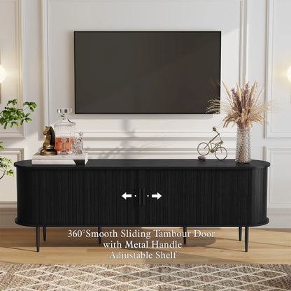 HLR 70" Mid Century TV Stand With Tambour Door For TVs Up To 80", Entertainment Center With Storage, Brown