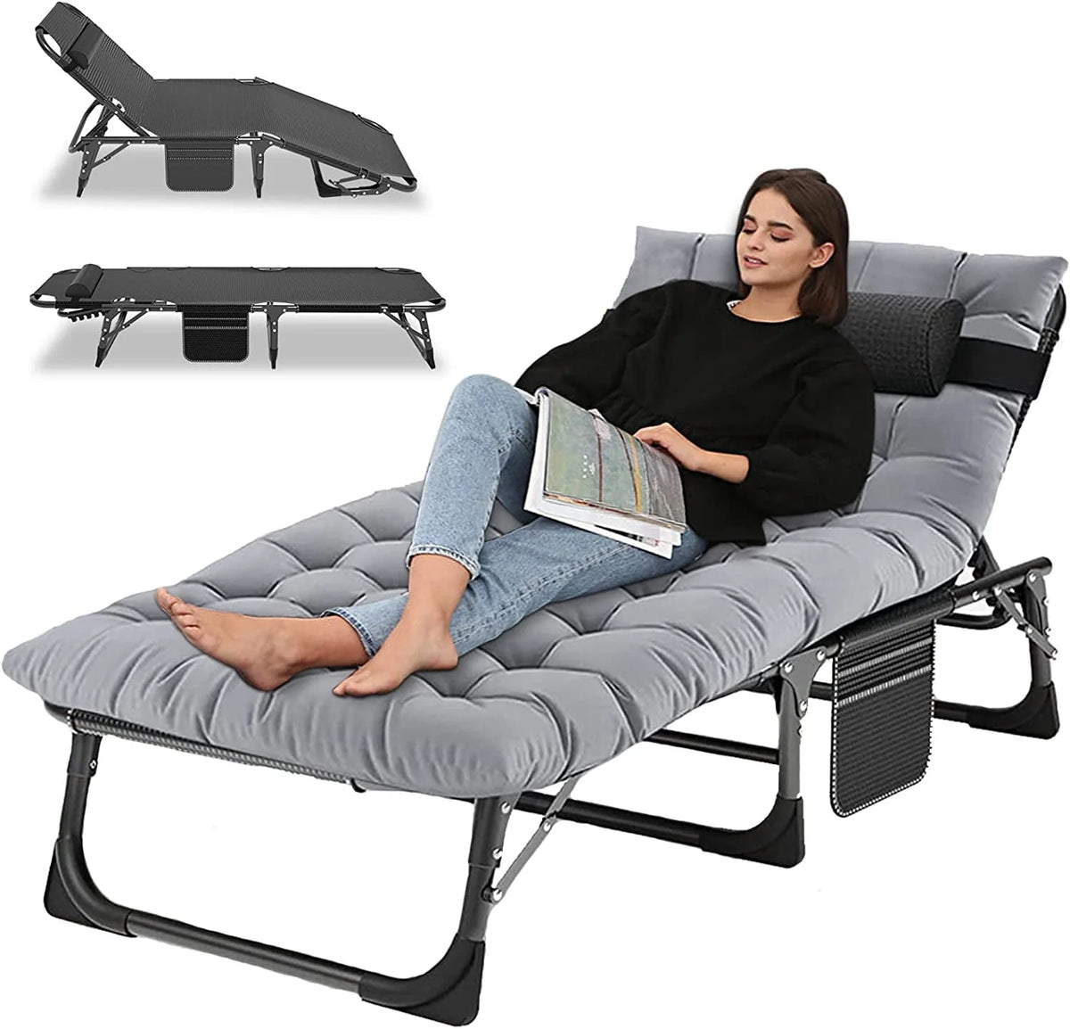 Slsy 4-Fold Folding Camping Cot with 2 Sided Mattress & Pillow, Adjustable 5-Position Folding Lounge Chair, Folding Sleeping Cots