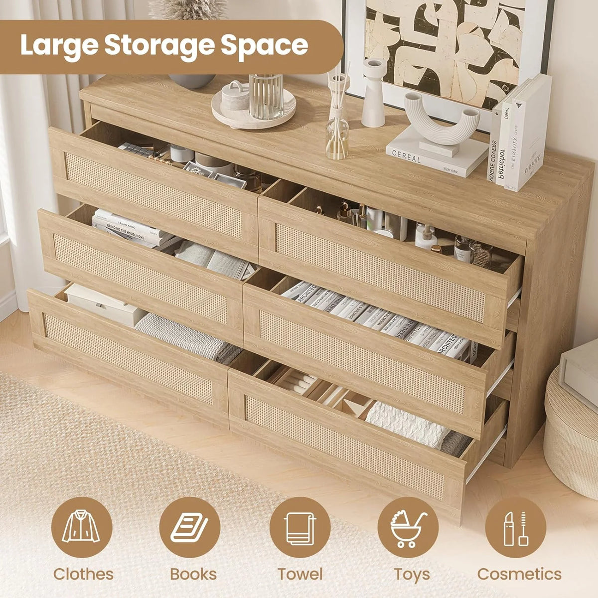 Jojoka 6-Drawers Rattan Dresser for Bedroom Chest of Drawers, TV Stand for 55" TV, Wood Top Storage Organizer Cabinet for Living Room, Entryway, Hallway, Natural