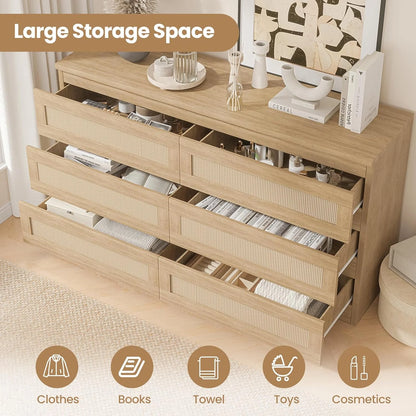 Jojoka 6-Drawers Rattan Dresser for Bedroom Chest of Drawers, TV Stand for 55" TV, Wood Top Storage Organizer Cabinet for Living Room, Entryway, Hallway, Natural