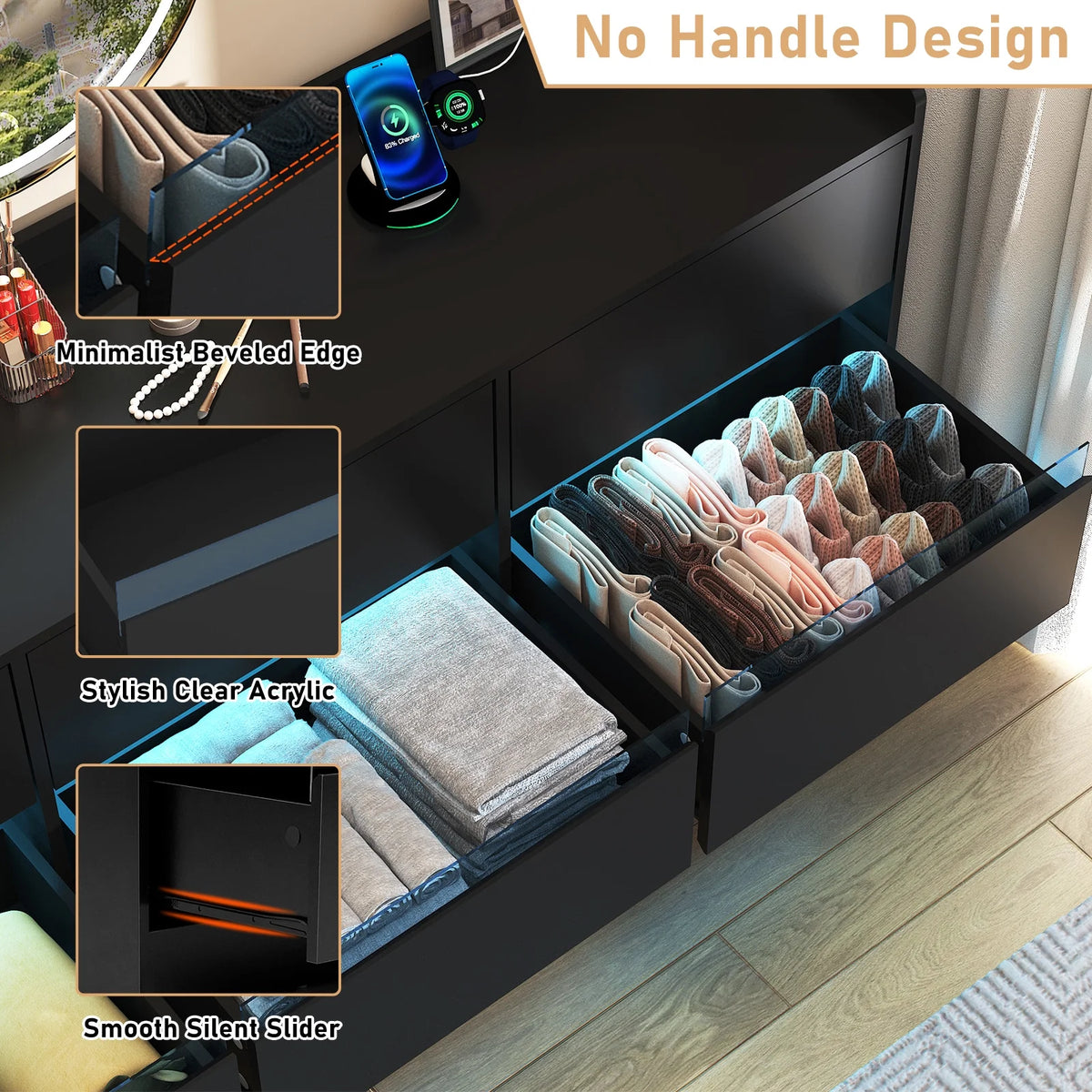 9 Drawer Dresser for Bedroom with Power Outlet, 63" Large Dresser with LED Light, Wooden Dresser For Closet, Chest of Drawers with Raised Edges
