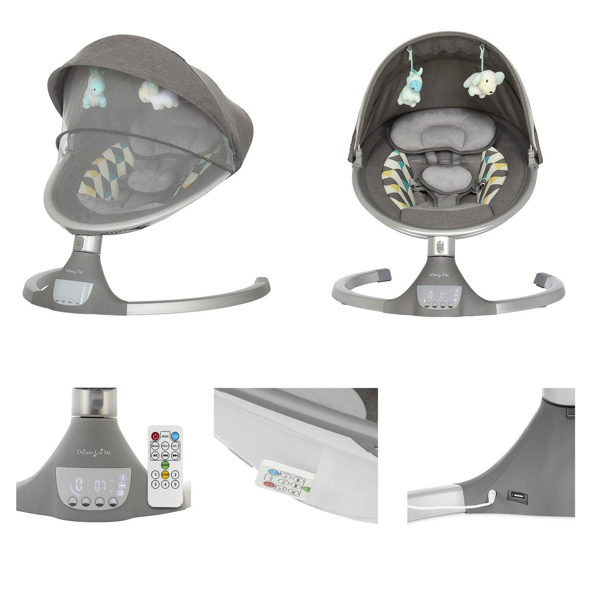 Dream On Me Zazu Baby Swing. Baby Swing for Infant. 5 - Swinging Speed. Two Attached Toys. Bluetooth Enabled and Remote Control. Grey and Blue