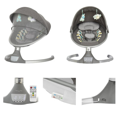 Dream On Me Zazu Baby Swing. Baby Swing for Infant. 5 - Swinging Speed. Two Attached Toys. Bluetooth Enabled and Remote Control. Grey and Blue