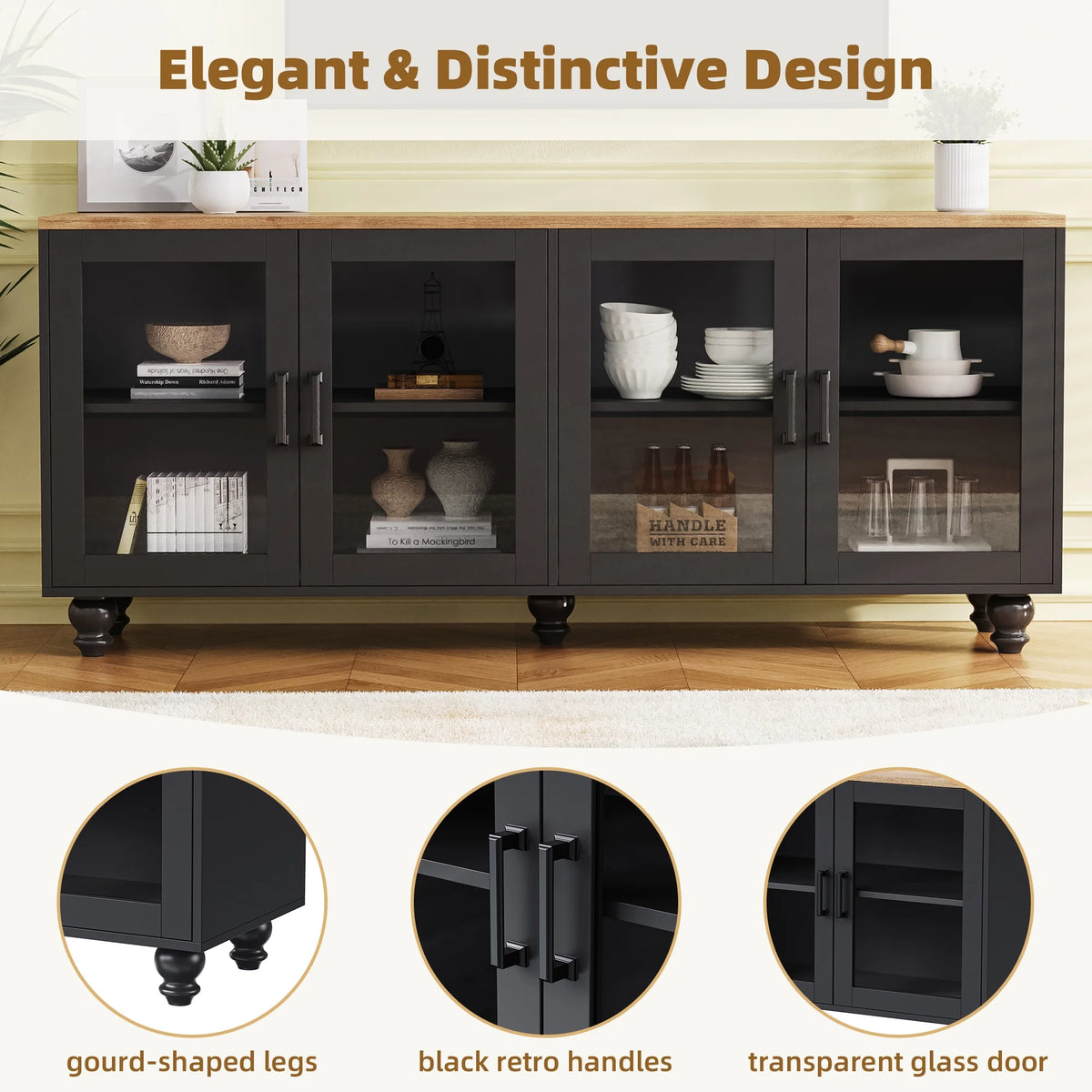Euroco 110" Entertainment Center Wall Unit Set with Glass Display Cabinets, Adjustable Shelves & Vintage TV Stand for TVs up to 85", Farmhouse Style Media Console with Storage, Gourd Legs