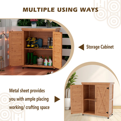 Tcbosik Outdoor Storage Cabinet & Potting Bench Table, Wooden Patio Furniture with Metal Top, Garden Workstation for Backyard, Lawn, Deck, Balcony, Gray