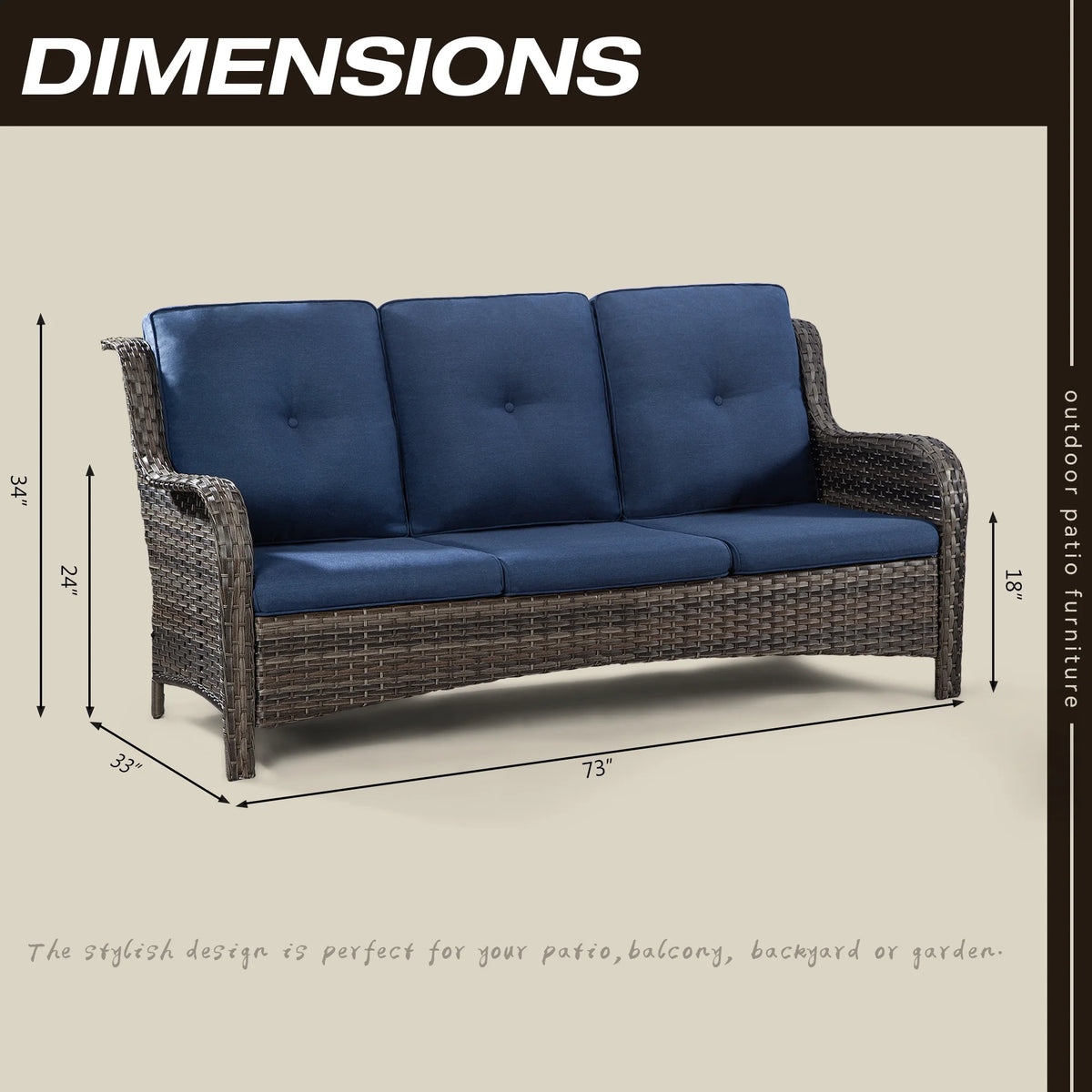 MeetLeisure 3 Pieces Outdoor Furniture Patio Furniture Set with One 3-Seat Sofa, Two ArmChairs, Navy