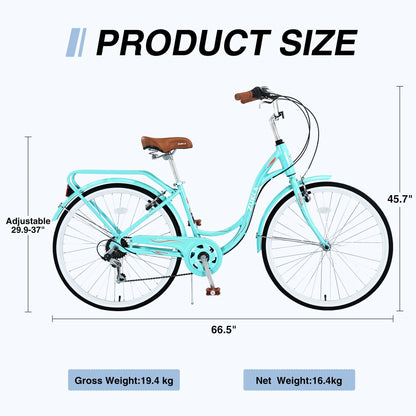 26 Inch Women's Bike, Adult Cruiser Bicycle Shimano 7 Speed Steel Frame City Commuter Bike for Ladies, Green