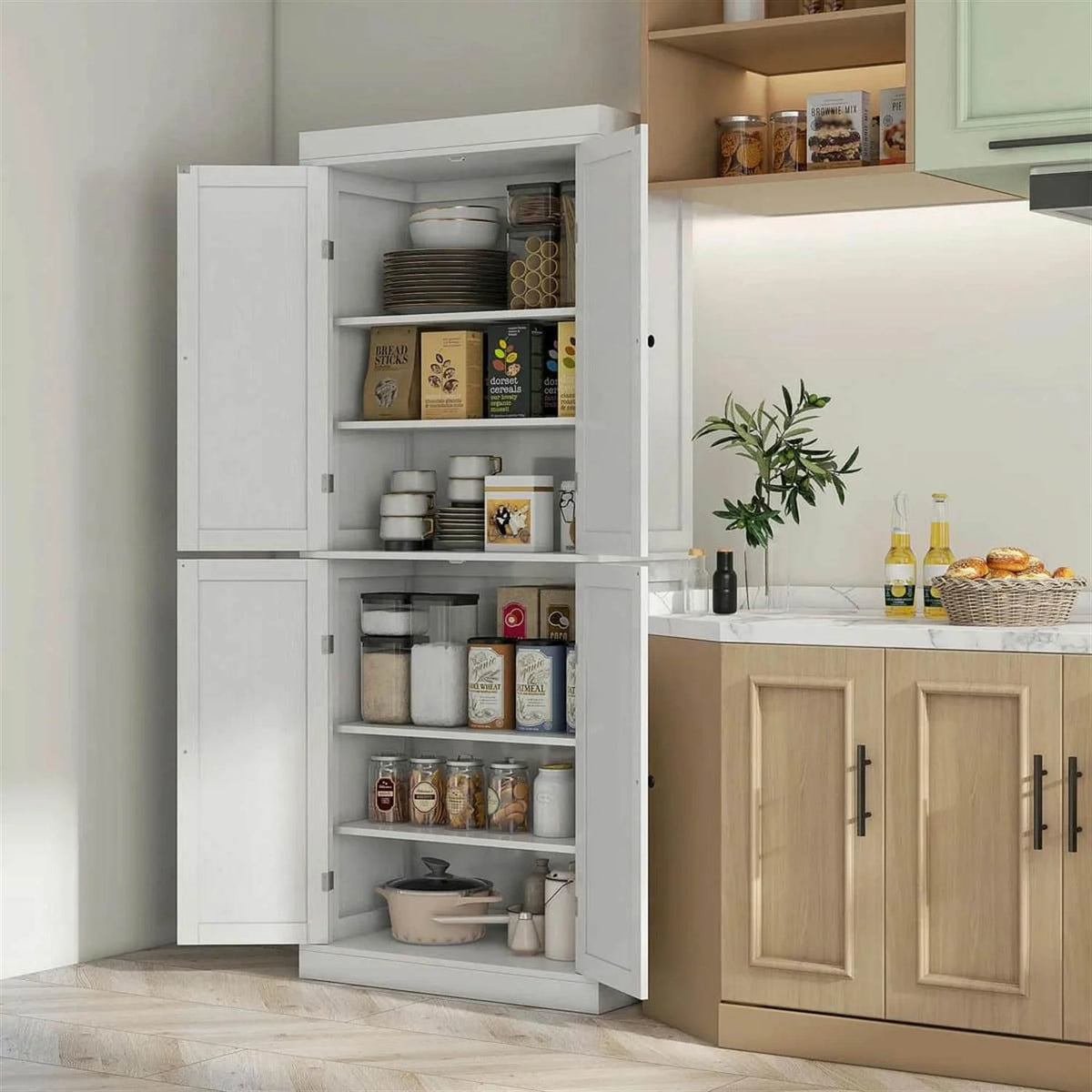 Demi Bonn 72" Large Kitchen Cabinet, Pantry Storage with Doors & Shelves, Freestanding Food Pantry Cabinet, Space-Saving Storage Solution, White