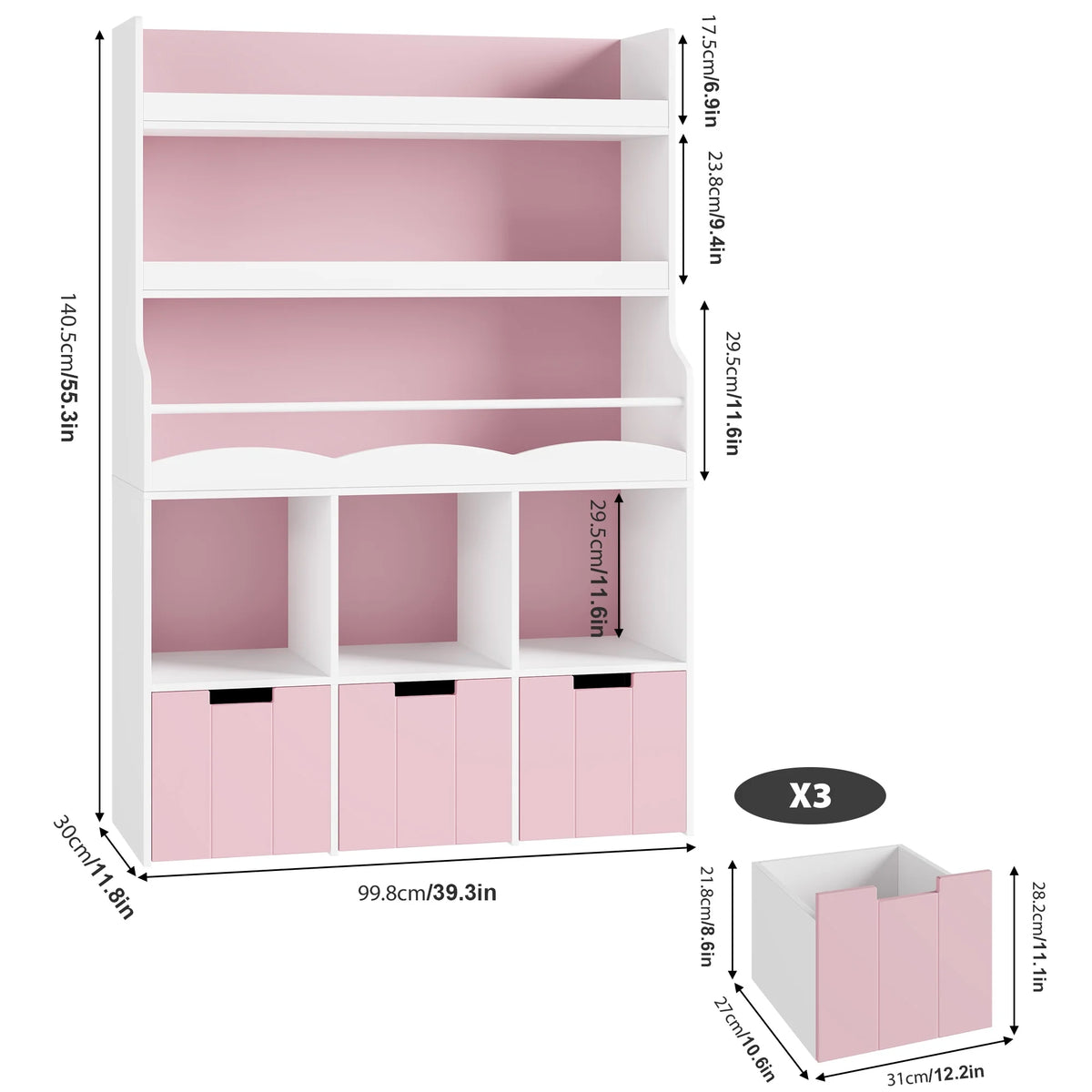Homfa 55.5�� H Kids Bookshelf with 2-Tier Book Shelves, Children Toy Organizer with 3 Cubes and Removable Drawers, White