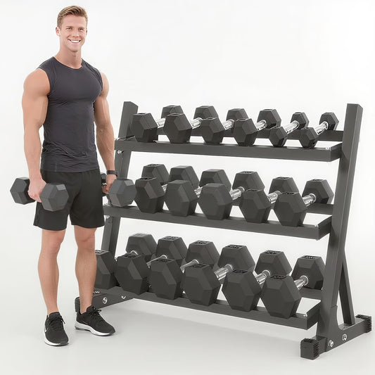 350 lbs Hex Dumbbell Set with Rack, 5-50 lbs Pairs - Rubber Coated Iron Weights for Home Gym, Strength Training & Muscle Building