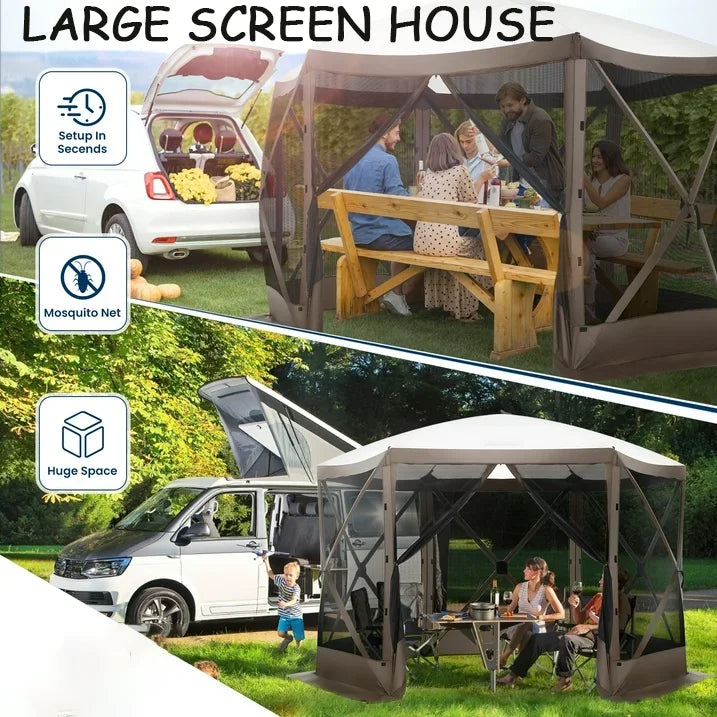 COBIZI 12'x12' Pop-up Gazebo Outdoor Camping Tent with 6 Sides Mosquito Netting, Waterproof, UV Resistant, Portable Screen House Room, Easy Set-up Party Tent with Carry bag, Ground Spike, Brown