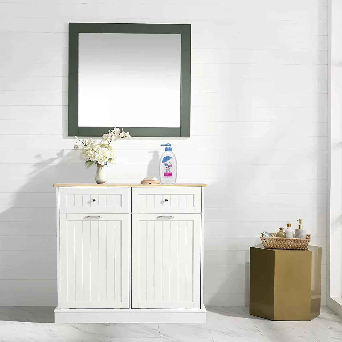 KIGOTY Dual Kitchen Trash Cabinet, Double Tilt Out Trash Can Cabinet with Countertop and Drawer, Free-Standing Pet Proof Recycling Cabinet Garbage Can Holder, Wood (White)