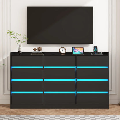 9 Drawer Dresser for Bedroom with Power Outlet, 63" Large Dresser with LED Light, Wooden Dresser For Closet, Chest of Drawers with Raised Edges