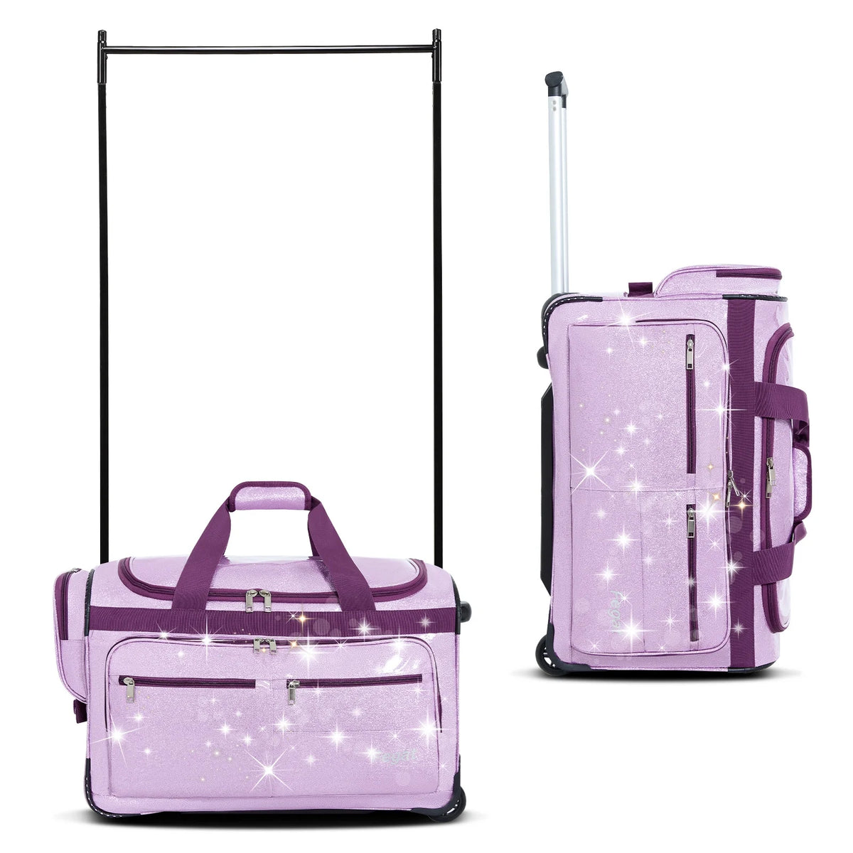 Fegat Dance Bag with Garment Rack,23"Glitter Bright Rolling Dance Duffel Bag Lightweight Competition Bag Costume Suitcase for Dancers Performer Artist, Shine Glitter Purple