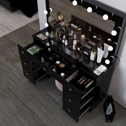 Ember Interiors Ibbie White Makeup Vanity with Glass Top, Lights, Charging Station