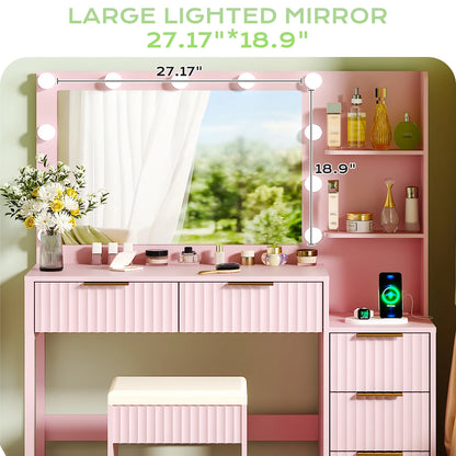 Ktaxon Flutted Makeup Vanity Table Set with 5 Drawer, Dressing Table w/Charging Station, Vanity Desk for Femal Gift, White