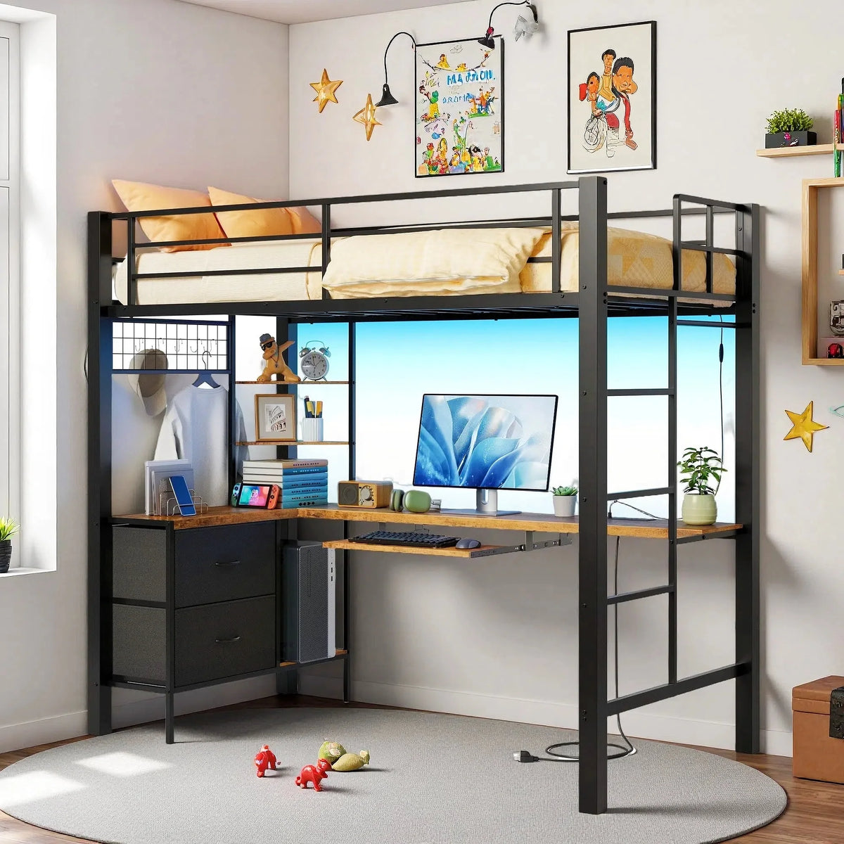 Lofka Twin Loft Bed with L-Shaped Desk, RGB Lights & Charging Station, 400lb Capacity Metal Frame, 3 Shelves & 2 Drawers, Easy Assembly��White