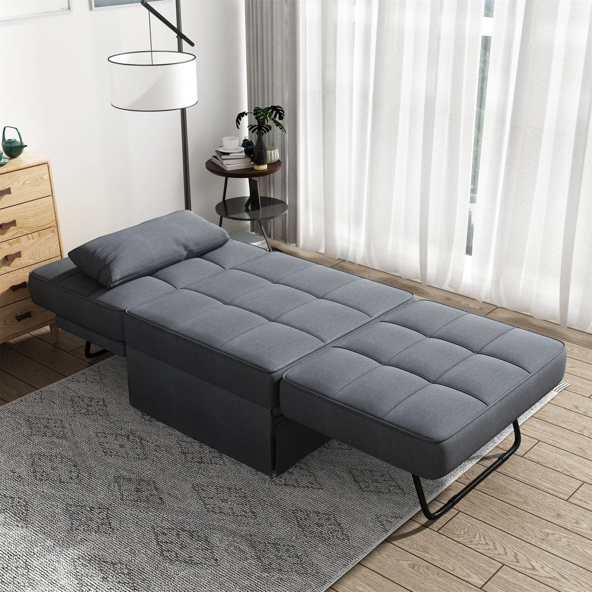 Aukfa 36" Wide Folding Chaise Futon Convertible Sofa Bed, Ottoman, Adjustable Backrest, Linen, Gray